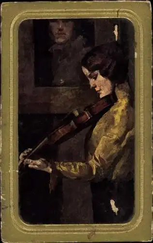 Künstler Ak Baumgartner, Thomas, Verklungenes Lied, Frau mit Geige, Bilderrahmen