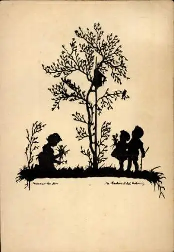 Scherenschnitt Künstler Ak Kinder am Baum, Mädchen pflückt Blumen