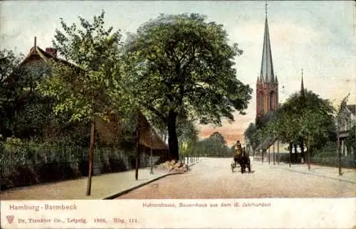 Ak Hamburg Nord Barmbek, Hufnerstraße, Bauernhaus, Pferdekutsche, Kirche