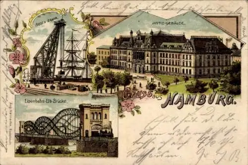 Litho Hamburg Altstadt Mitte, Riesenkrahn, Justizgebäude, Eisenbahn Elb Brücke