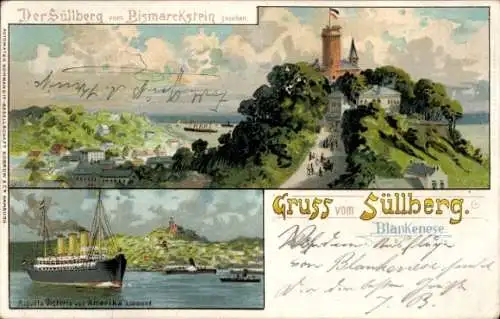 Litho Hamburg Altona Blankenese, Süllberg, Bismarckstein, Dampfer Auguste Victoria