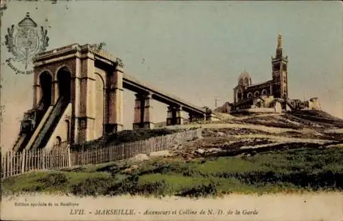 Ak Marseille Bouches du Rhône, Ascenseurs et Colline de N.-D, de la Garde