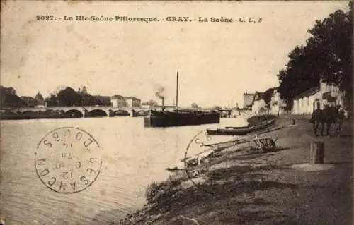 Ak Gray Haute Saône, La Saone, Brücke, Ufer, Schiff