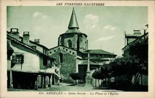 Ak Argelès sur Mer Pyrénées Orientales, Saint Savin, La Place et l'Eglise