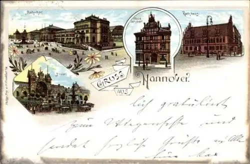 Litho Hannover in Niedersachsen, Rathaus, Haus d. Väter, Bahnhof, Tivoli