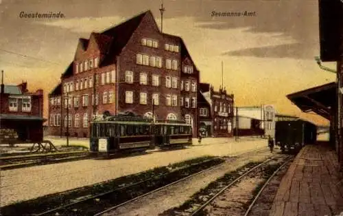 Ak Wesermünde Bremerhaven, Seemanns-Amt, Straßenbahn, Waggons