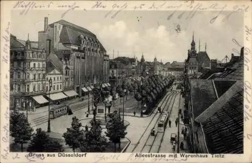 Ak Düsseldorf am Rhein, Alleestraße, Warenhaus Tietz, Straßenbahn