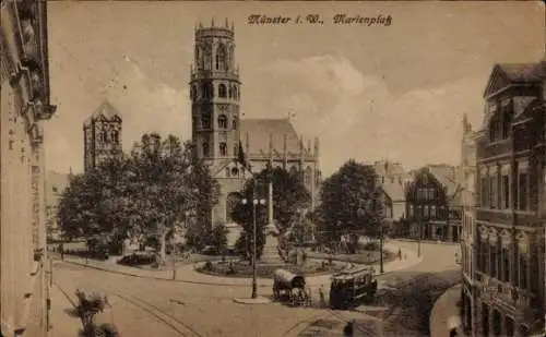 Ak Münster in Westfalen, Marienplatz, Kirche, Straßenbahn