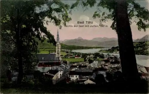 Ak Bad Tölz in Oberbayern, Teilansicht, Kirche, rechts der Isar, Juifen