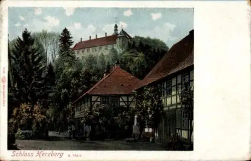Ak Herzberg am Harz, Schloss Herzberg und Fachwerkhäuser