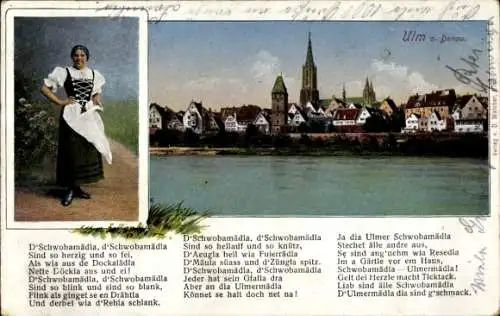 Ak Ulm an der Donau, Totalansicht, Kirchturm, Frau, Tracht