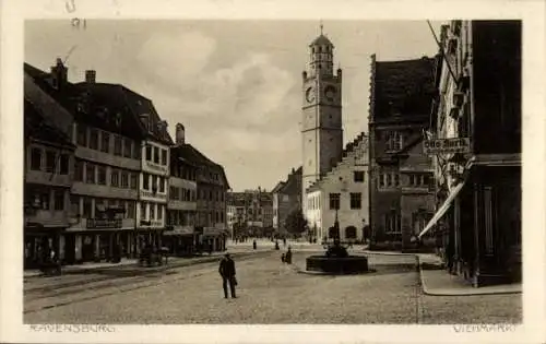 Ak Ravensburg in Württemberg Oberschwaben, Viehmarkt, Turm, Brunnen