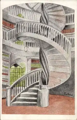 Ak Weimar in Thüringen, Bibliothek, freistehende eichene Wendeltreppe