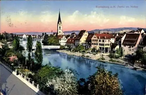 Ak Rottenburg am Neckar, Teilansicht, Kirchturm, Neckarpartie