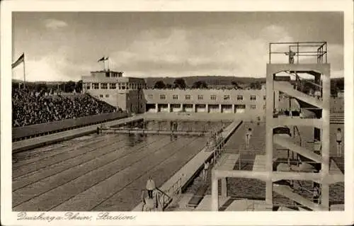 Ak Duisburg im Ruhrgebiet, Wasserstadion mit Wedausportgelände, Schwimmkampfbahn, Sprungturm