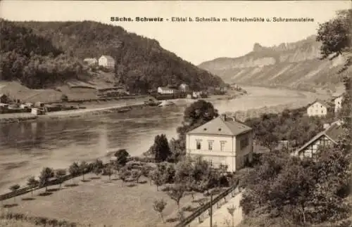 Ak Schmilka Bad Schandau in Sachsen, Elbtalpanorama, Hirschmühle, Schrammsteine