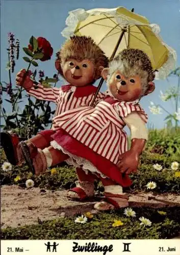 Ak Mecki der Igel, Sternzeichen Zwillinge, Gemini, 21. Mai bis 21. Juni, Igelkinder, Schirm