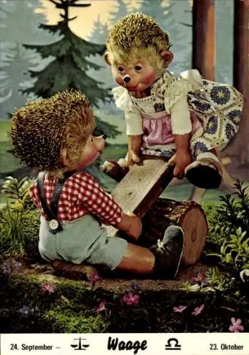 Ak Mecki der Igel, Sternzeichen Waage, Libra, 24. September bis 23. Oktober, Igelkinder auf Wippe