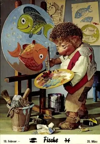 Ak Mecki der Igel als Maler, Sternzeichen Fische, Pisces, 19. Februar bis 20. März