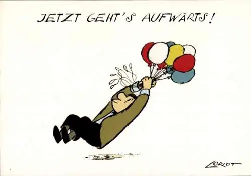 Künstler Ak Loriot, Jetzt geht's aufwärts, Mann mit Luftballons