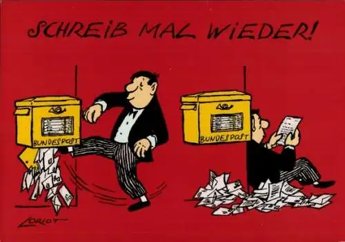 Künstler Ak Loriot, Schreib mal wieder, Mann tritt Postbriefkasten, Bundespost