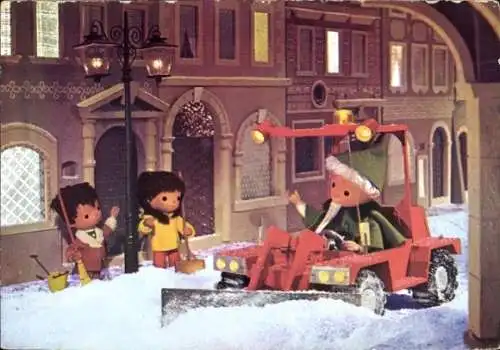 Ak Unser Sandmännchen, Sandmann, DDR Kinderfernsehen, Winter, Schneeräumfahrzeug, Besen