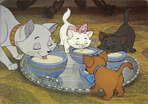 Ak Walt Disney, Katze und junge Kätzchen trinken aus Schalen