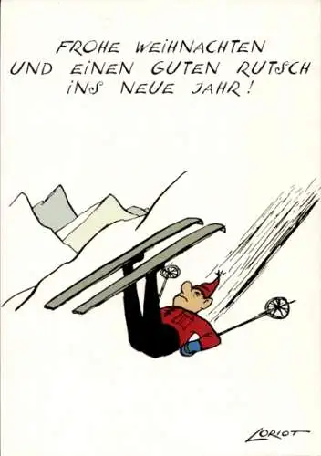 Künstler Ak Loriot, Frohe Weihnachten, Fröhliches Neujahr, gestürzter Skifahrer