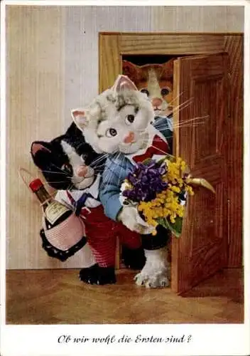 Ak Ob wir wohl die Ersten sind, Pussy, Diehl-Puppe, Katzen