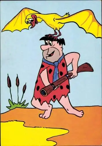 Ak Familie Feuerstein, Fred, Gewehr, Flugsaurier