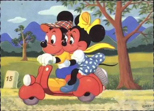 Ak Walt Disney, Mickey Mouse, Minnie Mouse, Motorroller