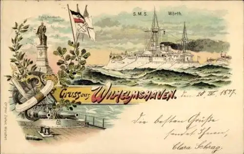 Litho Wilhelmshaven an der Nordsee, Deutsches Kriegsschiff, SMS Wörth, Kaiserliche Marine