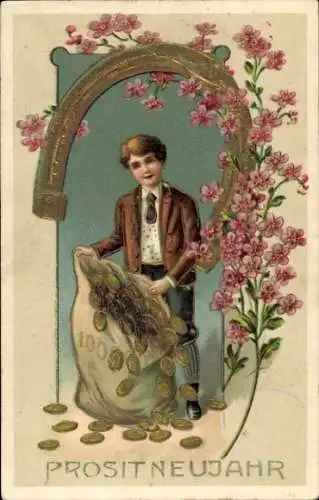 Präge Ak Glückwunsch Neujahr, Junge mit Geldsack, Münzen, Hufeisen
