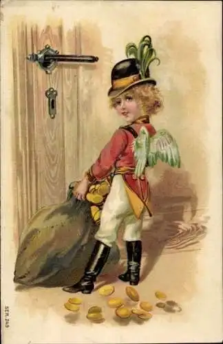 Ak Glückwunsch Neujahr, Engel als Postbote mit Geldsack