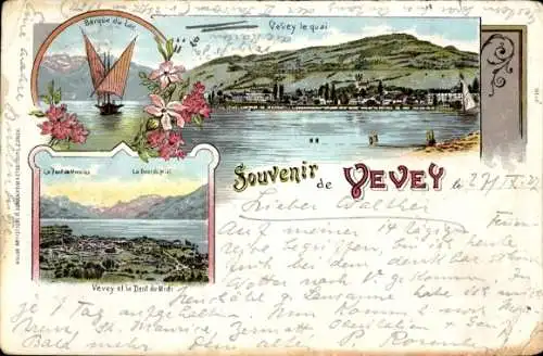 Litho Vevey Kanton Waadt, Panorama, Kai, See, Dent du Midi