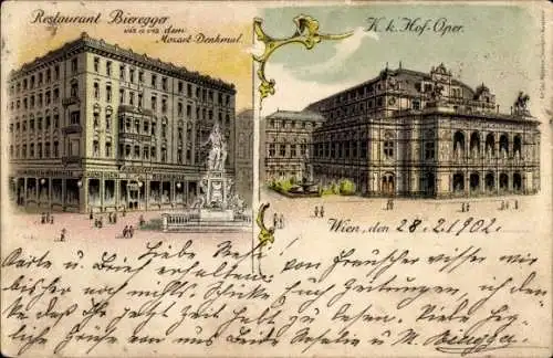 Litho Wien 1 Innere Stadt, Restaurant Bieregger, Mozart-Denkmal, Oper