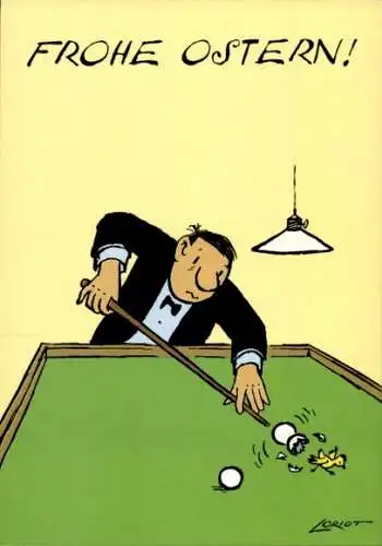 Künstler Ak Loriot, Frohe Ostern, Mann spielt Billard, geschlüpftes Küken