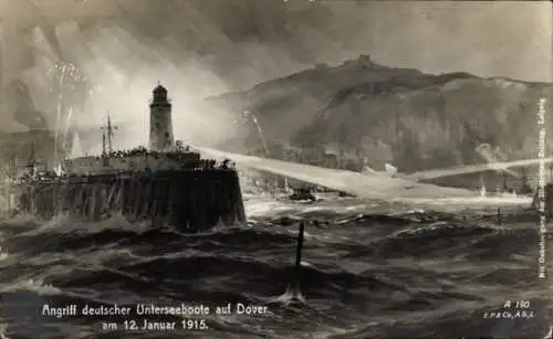 Künstler Ak Dover South East, Angriff Deutscher U Boote in der Nacht, 12. Januar 1915, Leuchtturm