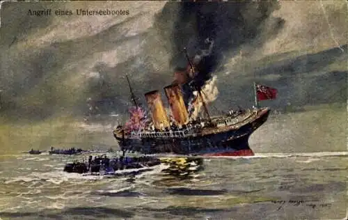 Künstler Ak Heusser, H., Angriff eines Unterseebootes, Englischer Dampfer versenkt, I. WK