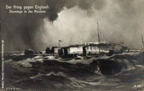 Künstler Ak Teschinsky, Paul, Deutsche Kriegsschiffe, Krieg gegen England, Sturmtage in der Nordsee