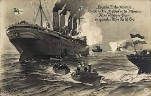 Künstler Ak Deutsches Kriegsschiff SMS Wilhelm der Große, Britisches Schlachtschiff Highflyer