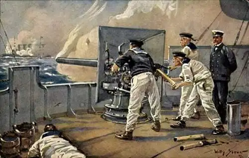 Künstler Ak Stöwer, Willy, Matrosen am Bordgeschütz eines Kriegsschiffes, Kaiserliche Marine