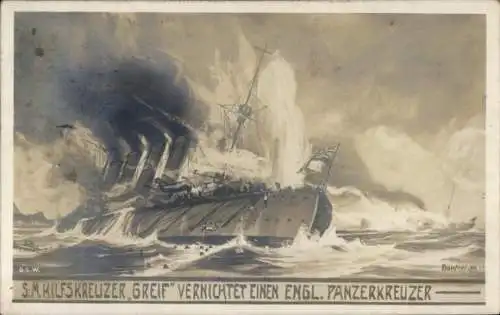 Künstler Ak Hilfskreuzer Greif vernichtet einen englischen Panzerkreuzer, Kaiserliche Marine