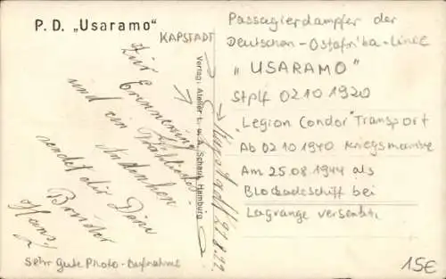 Ak Passagierdampfer Usaramo, Deutsche Ost-Afrika Linie DOAL