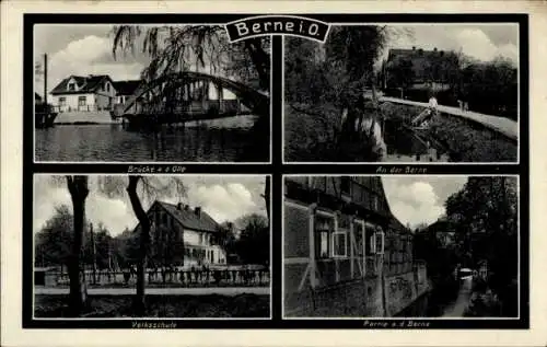 Ak Berne in Oldenburg Wesermarsch, Volksschule, Brücke, Ortsansichten