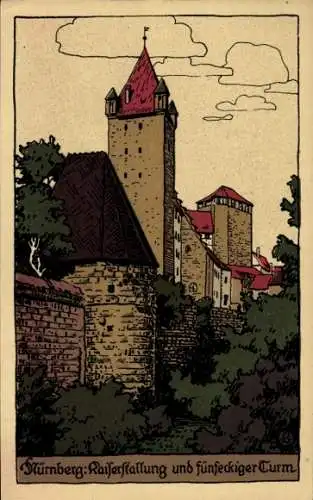 Steindruck Ak Nürnberg in Mittelfranken Bayern, Kaiserstallung und fünfeckiger Turm