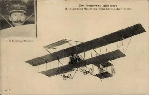 Ak Unsere Militärflieger, Leutnant Mailfert auf dem Militärdoppeldecker Henry Farman