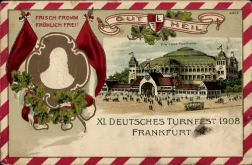 Präge Litho Frankfurt am Main, XI. Deutsches Turnfest 1908, Festhalle, Turnvater Jahn