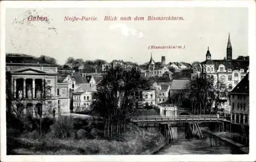 Ak Guben in der Niederlausitz, Neisse Partie, Blick zum Bismarckturm, Brücke