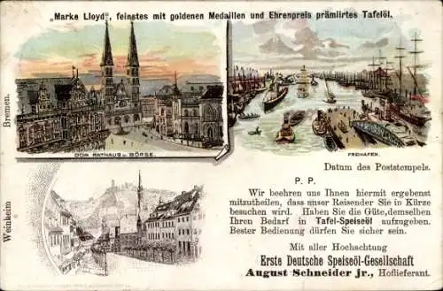 Litho Hansestadt Bremen, Freihafen, Dom, Rathaus, Börse, Tafelöl Marke Lloyd, Reklame
